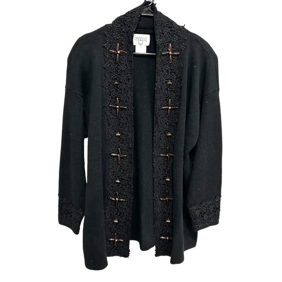 Black Open Front Cardigan Sweater Decorative Buttons Lace Trim Cervelle Sz Mediu - Picture 1 of 9